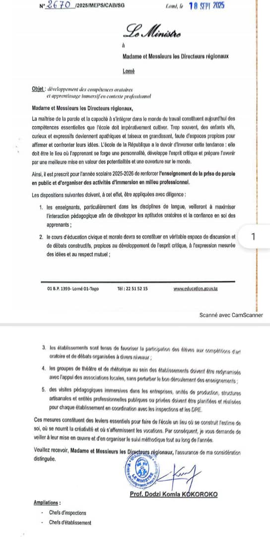 Éducation/Togo :L'art oratoire au centre des préoccupations du ministre togolais des enseignements d