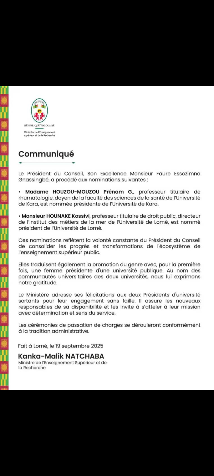 Togo/ Nominations à la tête des temples du savoir par le PC.