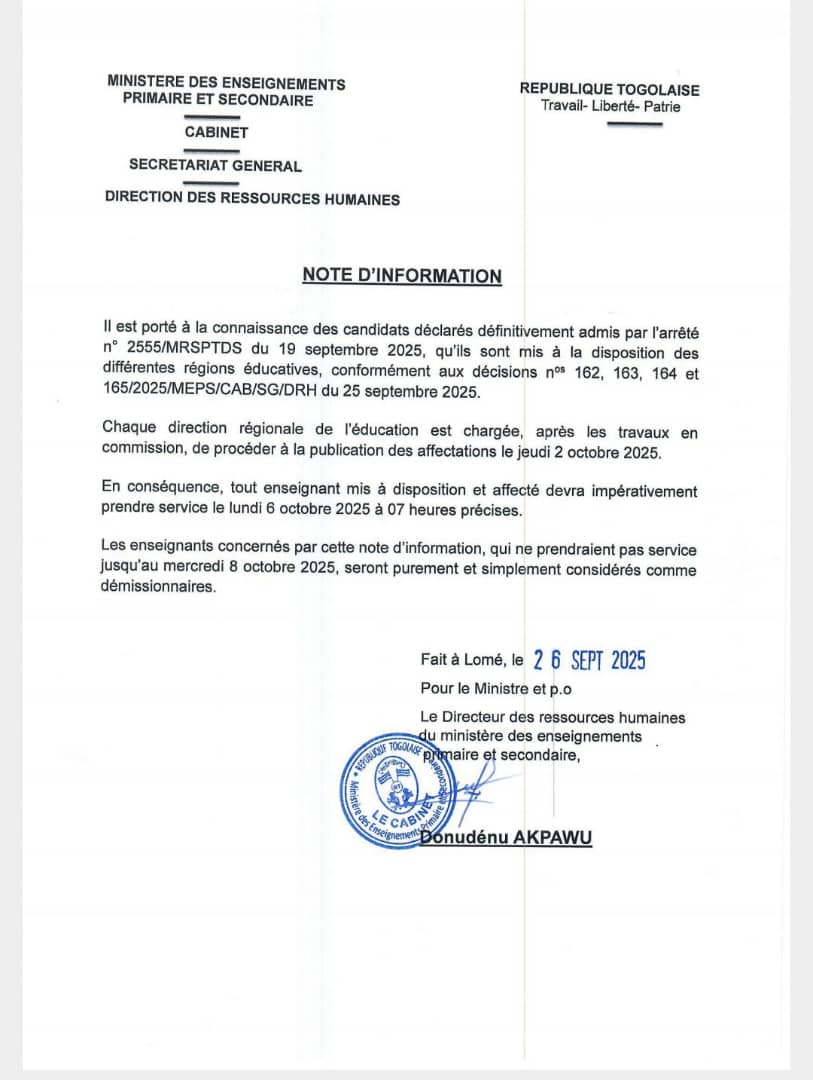 Togo : Les nouveaux enseignants admis invités à prendre service dès le 2 octobre 2025