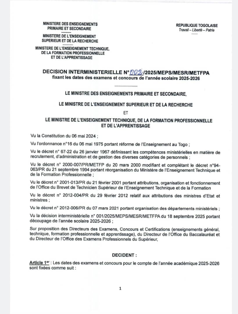 Togo : Les dates officielles des examens et concours pour l’année scolaire 2025-2026 sont fixées