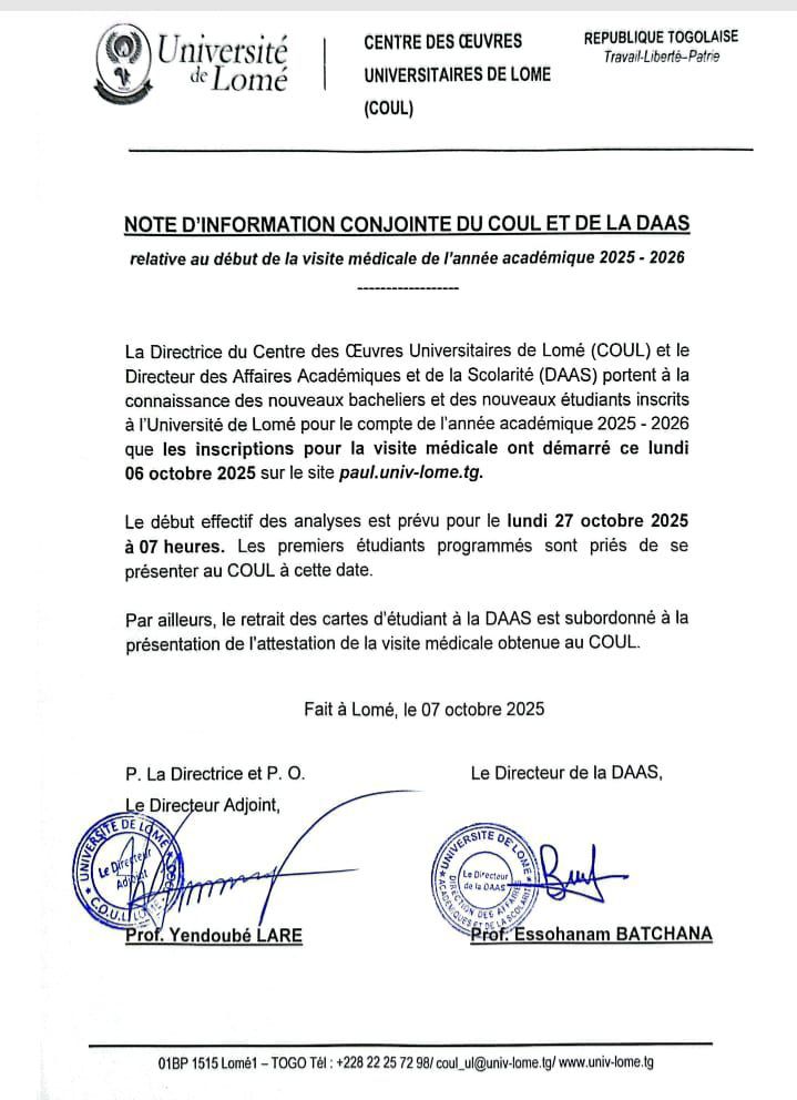 Université de Lomé : la visite médicale 2025–2026 démarre — une étape obligatoire avant la carte d’é