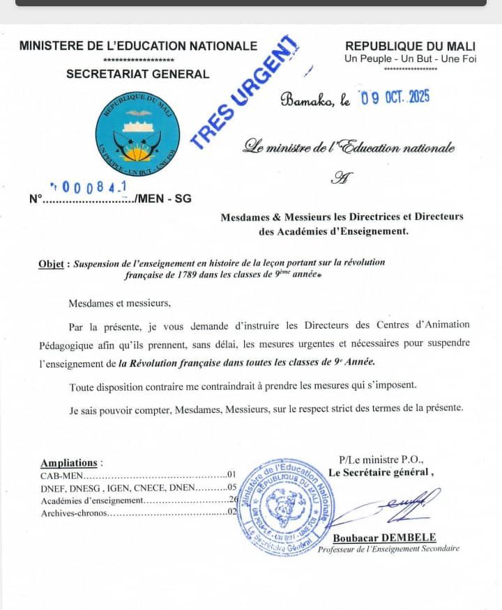 🇲🇱Mali/ Éducation :Fin de la Révolution française dans les manuels maliens