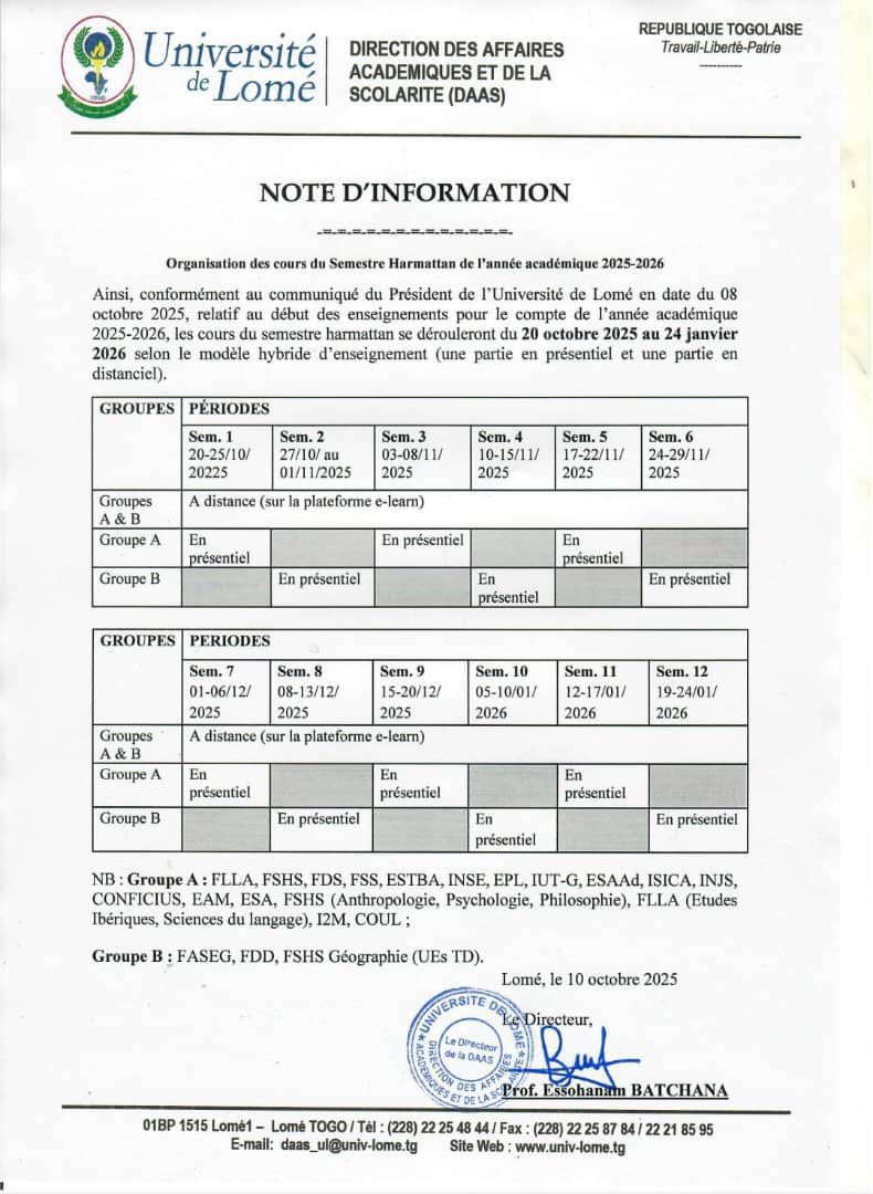 Université de Lomé : calendrier et modalités des cours du semestre Harmattan 2025–2026