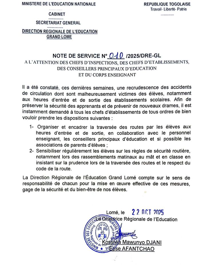 Sécurité des élèves : la DRE Grand Lomé monte au créneau contre les accidents de la route
