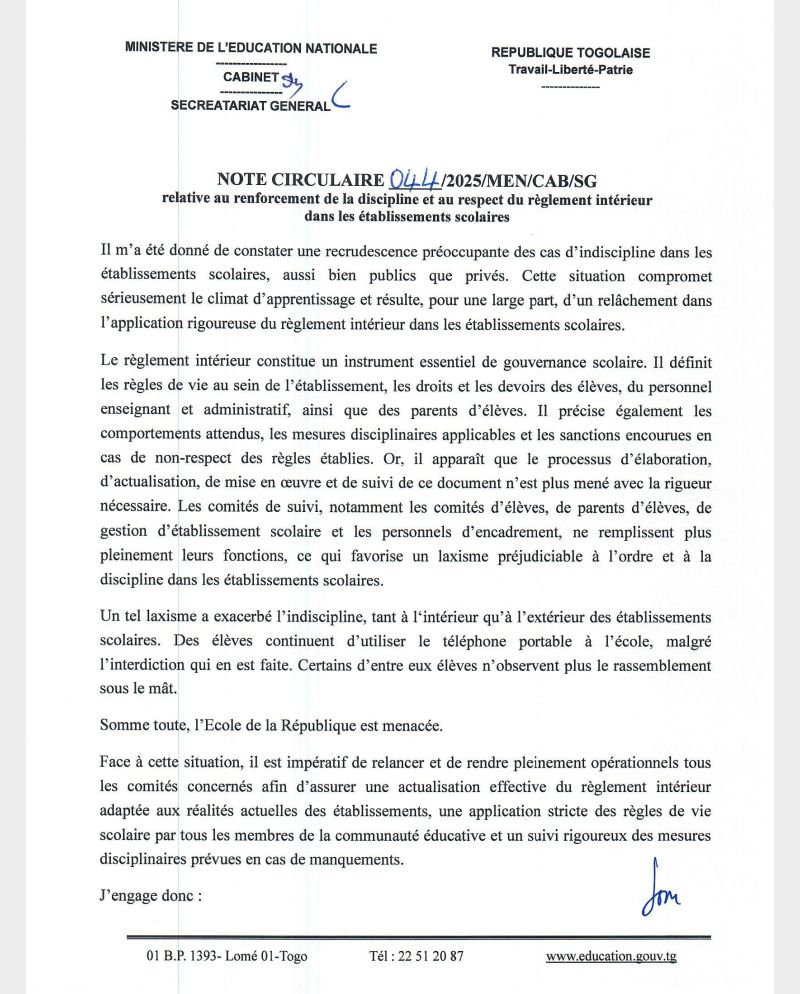 Togo : le ministère de l’Éducation nationale sonne l’alerte sur l’indiscipline scolaire