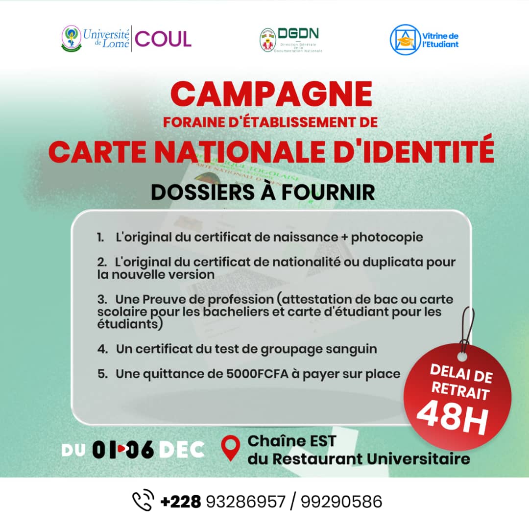 Carte d’identité nationale à l’Université de Lomé : campagne spéciale pour étudiants et bacheliers