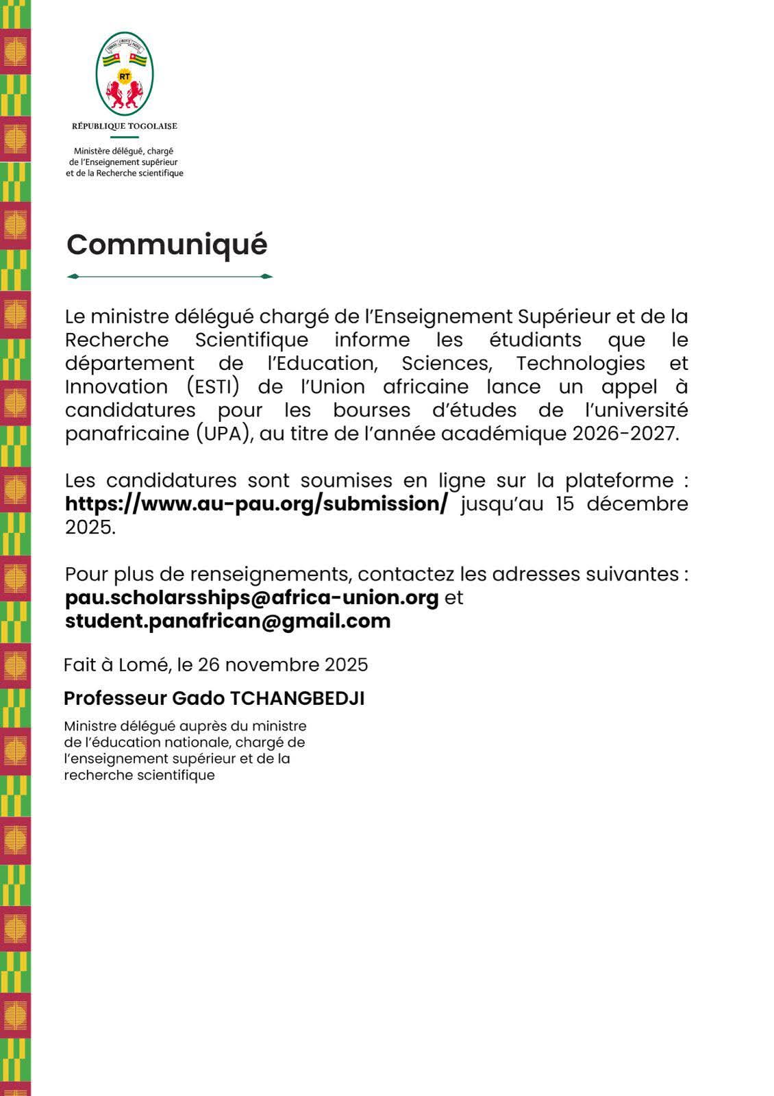 Bourses UPA 2026–2027 : l’Union Africaine ouvre les candidatures aux étudiants africains