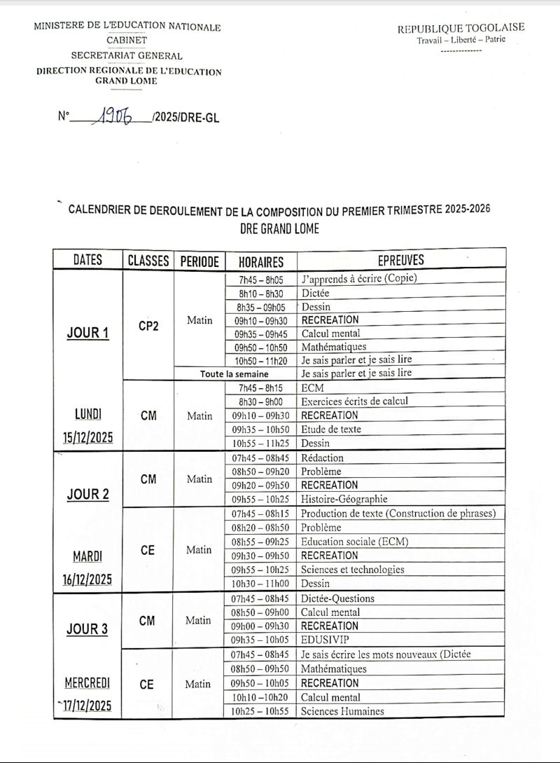Calendrier officiel des compositions du premier trimestre 2025-2026 – DRE Grand Lomé