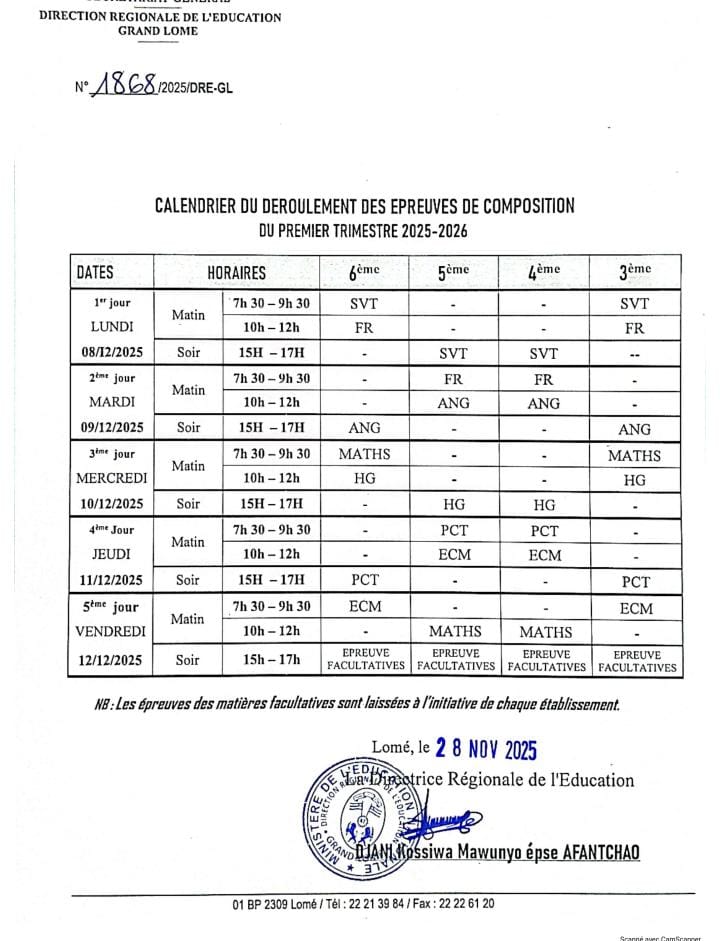 Calendrier des Compositions 1er Trimestre 2025-2026 | DRE Grand Lomé »  
