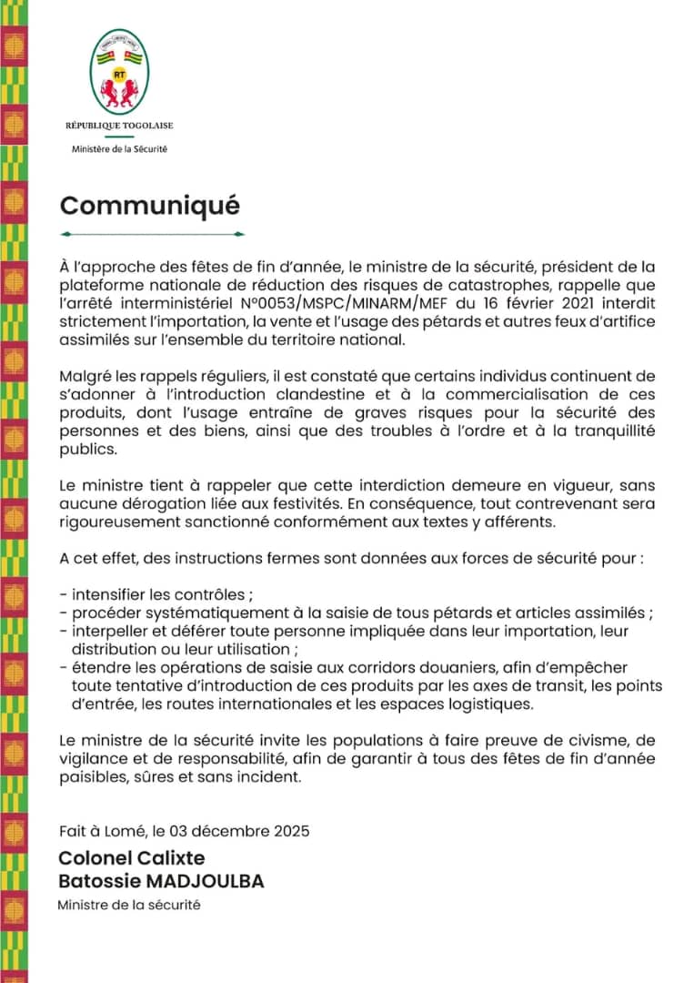 Togo : Les fêtes de fin d’année sous haute vigilance, les pétards interdits