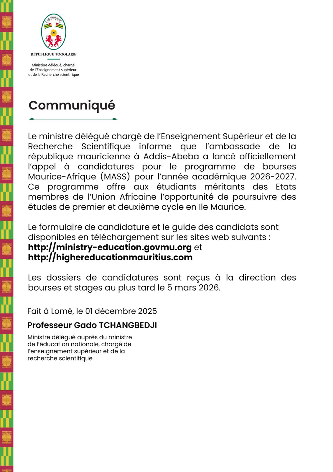 Bourses Maurice-Afrique (MASS) 2026-2027 : Appel à candidatures officiellement lancé