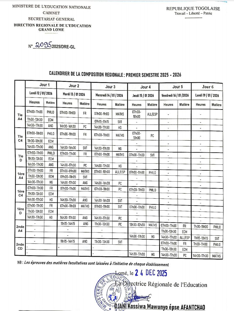 DRE-GL/Composition Régionale et chronogramme organisationnel : Premier Semestre 2025–2026