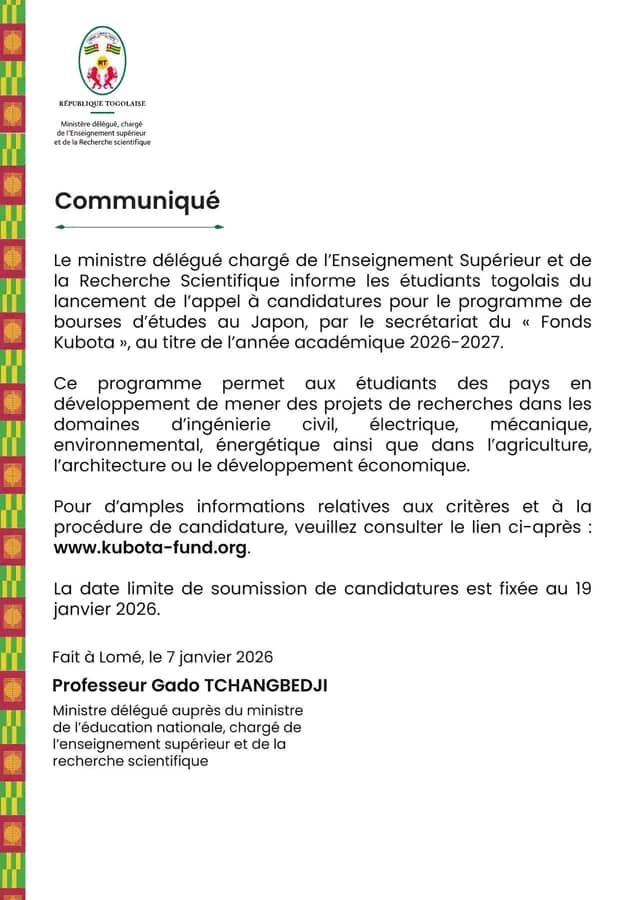Bourses d’études au Japon : Le Fonds Kubota ouvre ses candidatures pour 2026-2027