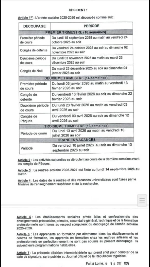 Rappel - Togo Découpage de l’année académique 2025-2026 : calendrier officiel des cours et vacances