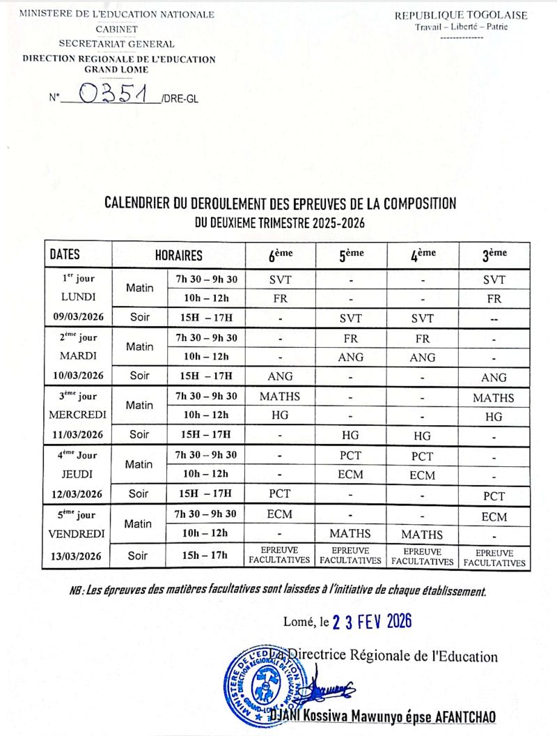 Calendrier officiel des compositions du deuxième trimestre 2025-2026 – Grand Lomé