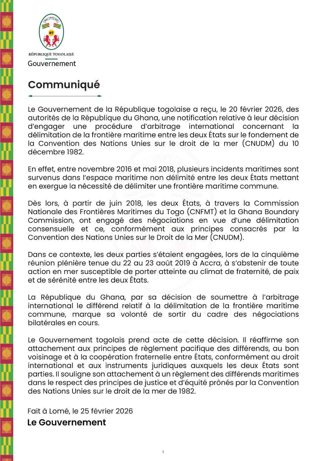 Frontière maritime Togo–Ghana : Lomé prend acte de l’arbitrage international