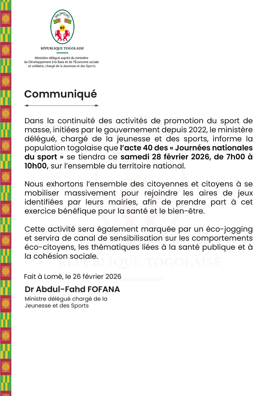 Acte 40 des Journées nationales du sport : le Togo bouge pour la santé et l’éco-citoyenneté